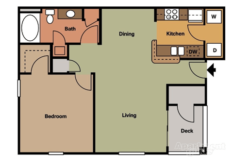 Floor plan for 1 bed, 1 bath, 729 sqft